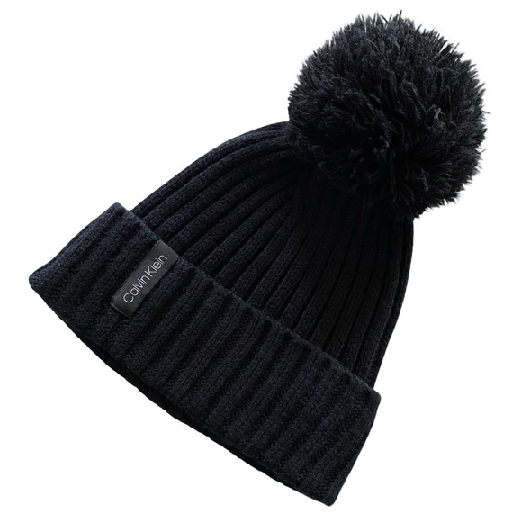 Calvin Klein Beanie Hat Unisex One Size Black Ribbed Sweater Knit Cap Puff Ball - Picture 1 of 6